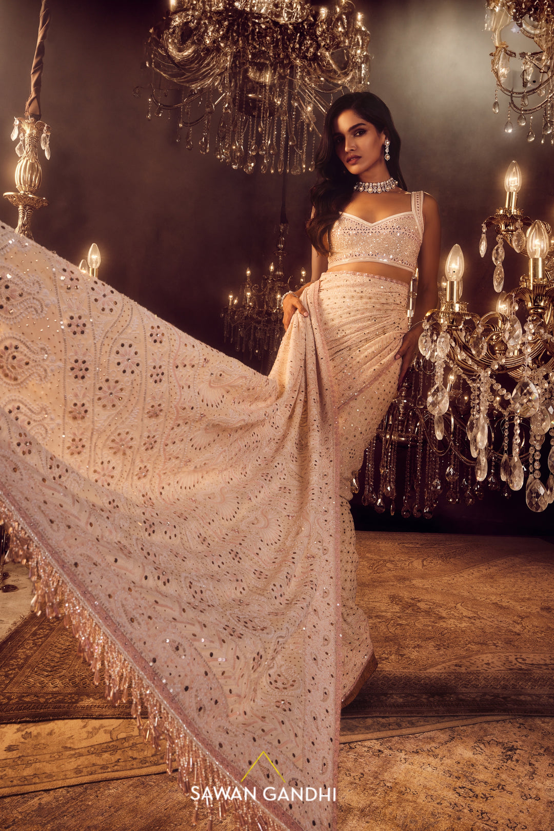 Ivory and pink chikankari saree