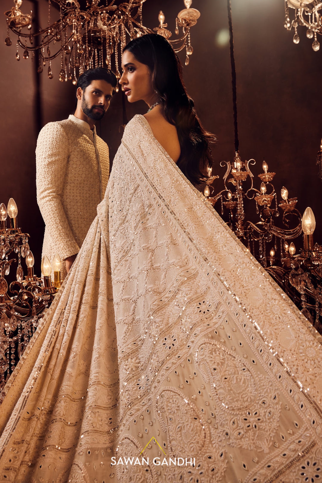 Ivory chikankari and pearl work saree