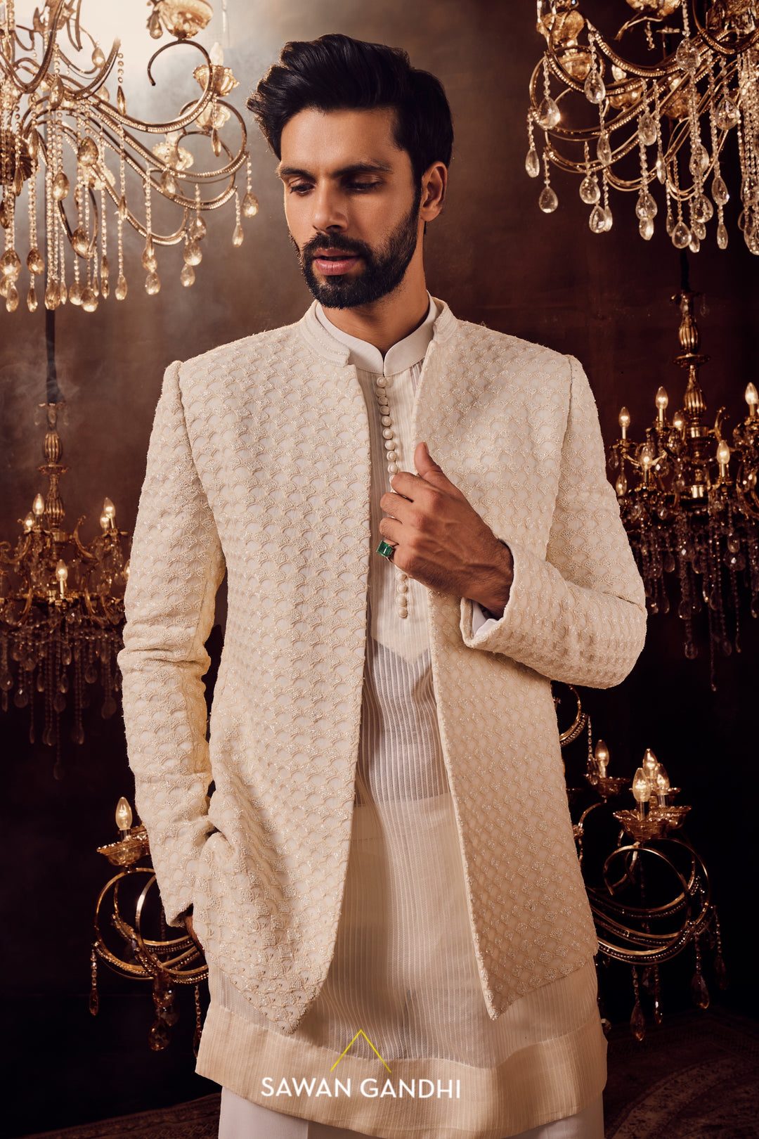 Ivory Fish scale Bandhgala set