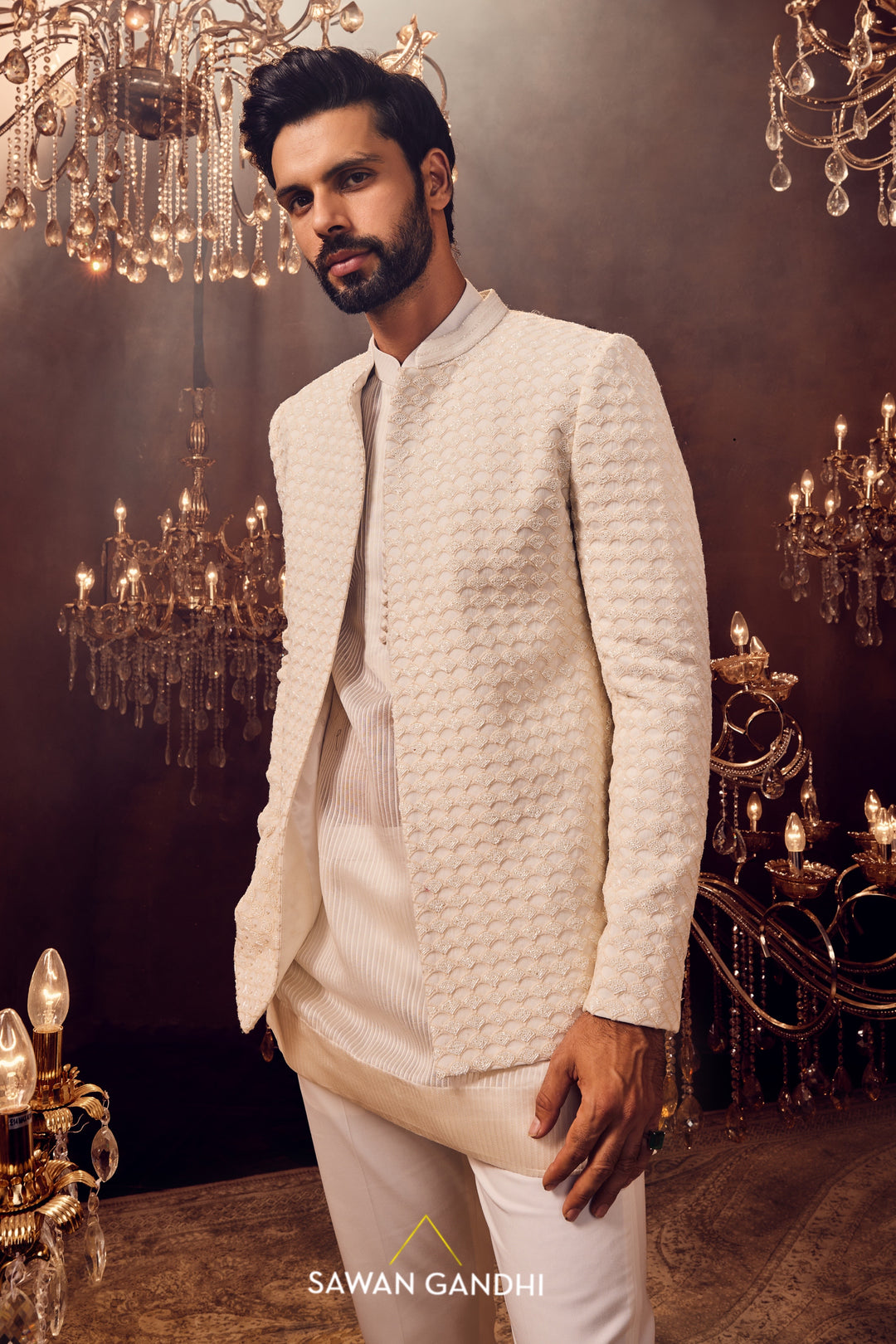 Ivory Fish scale Bandhgala set