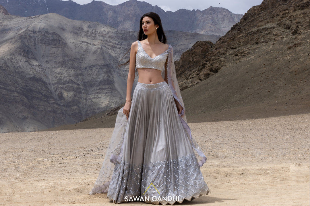 Shimmer grey sequin and mirror work lehenga set