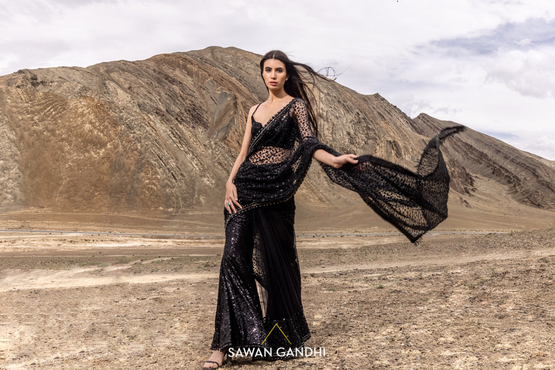 Black cutdana sequins saree