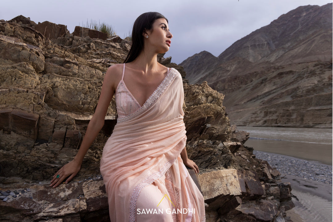 Peach paani sequins chikankari saree