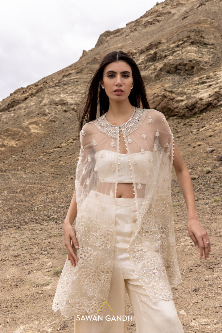 Ivory Net sequins cape set