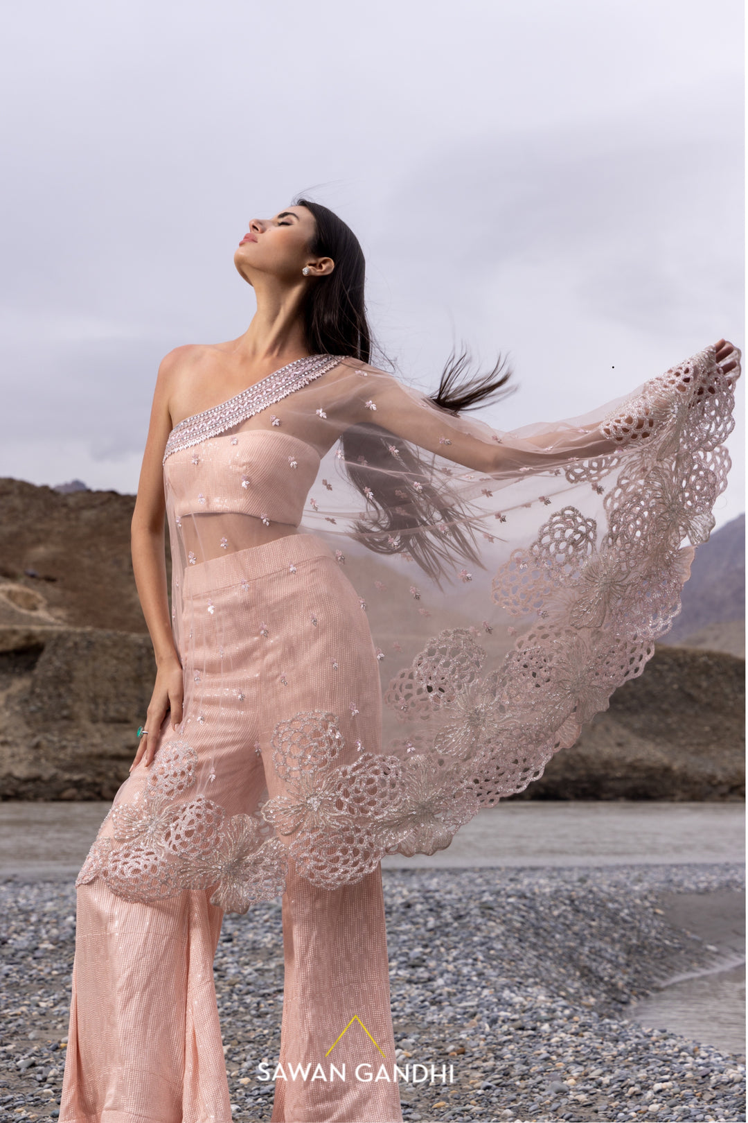 Blush pink one shoulder cape set