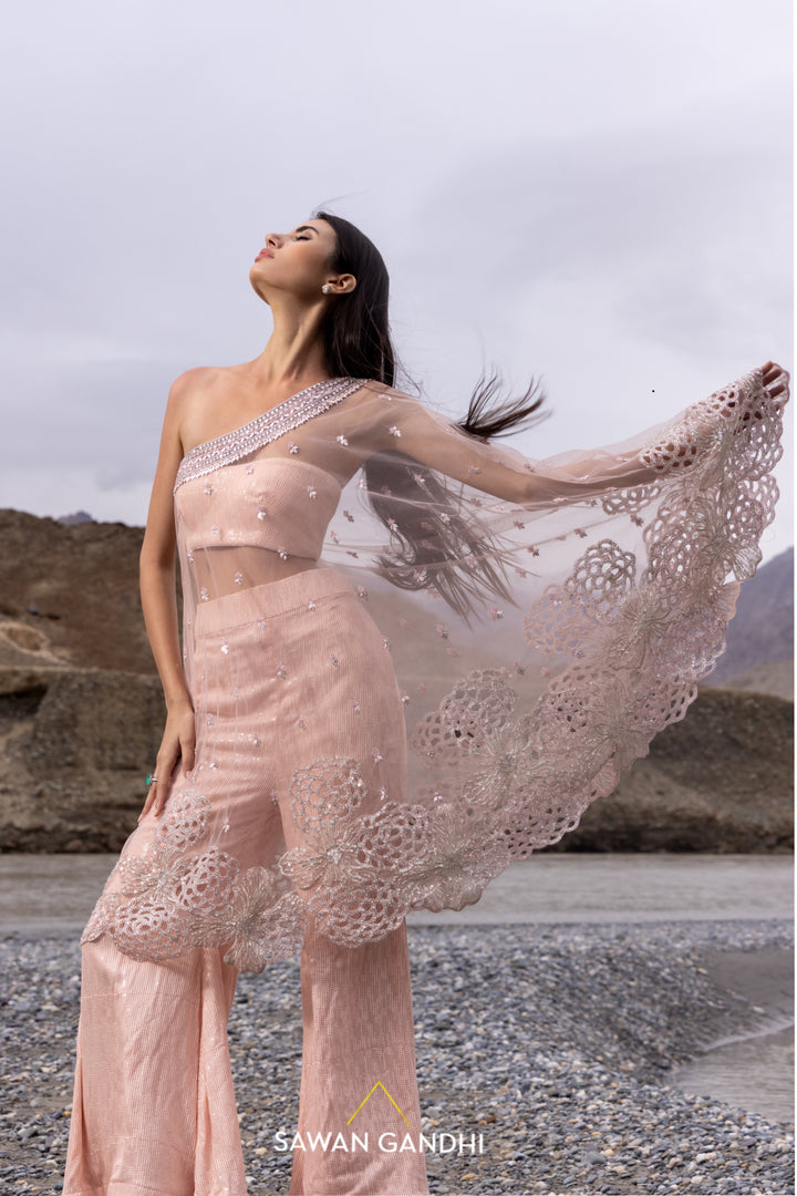 Blush pink one shoulder cape set