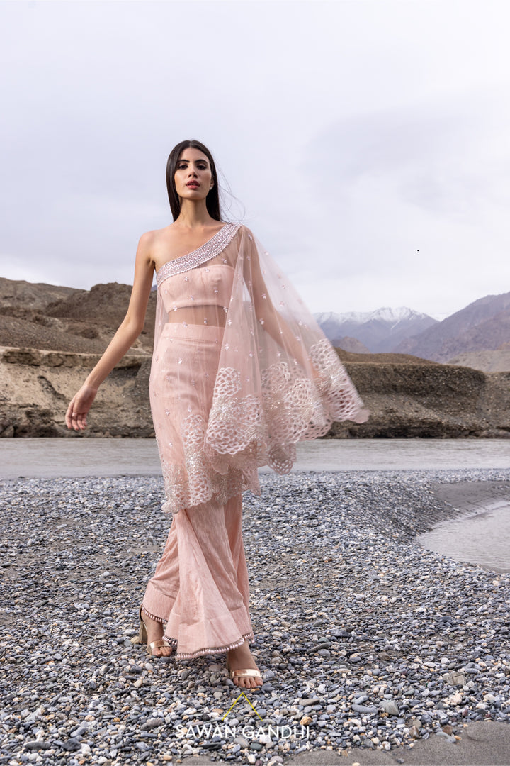 Blush pink one shoulder cape set