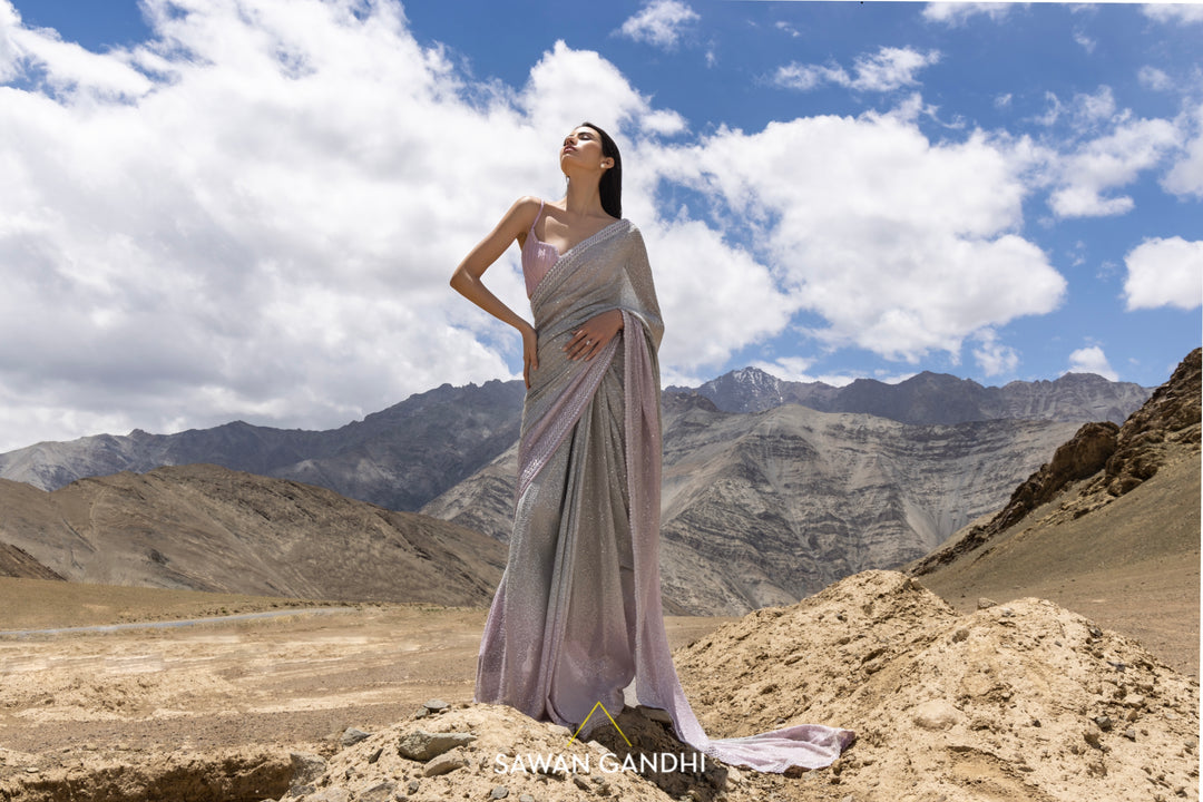 Grey to lilac ombré sequins saree