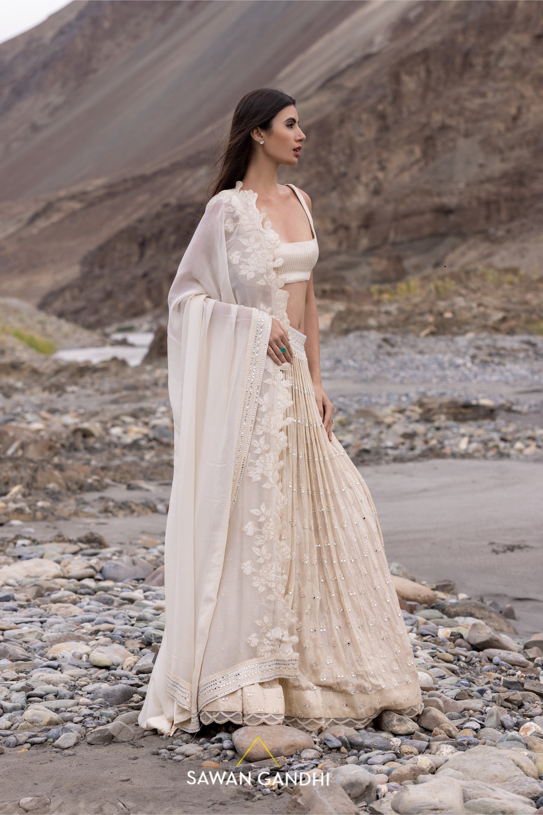 Beige paani sequins mirror booti lehenga