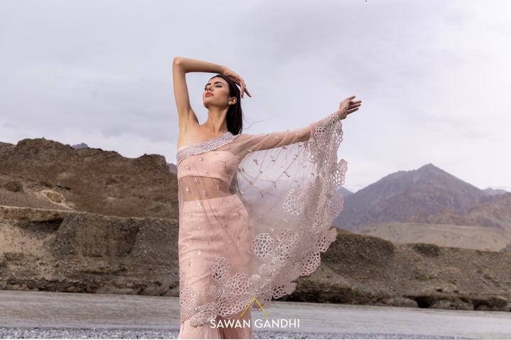 Blush pink one shoulder cape set