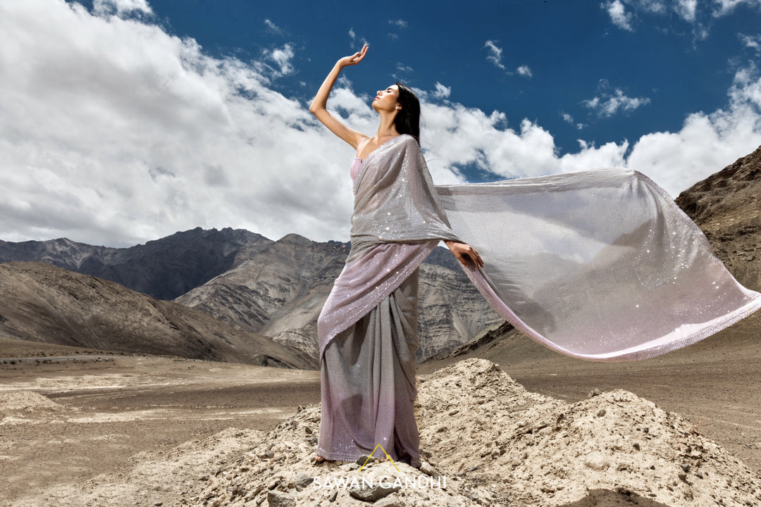 Grey to lilac ombré sequins saree