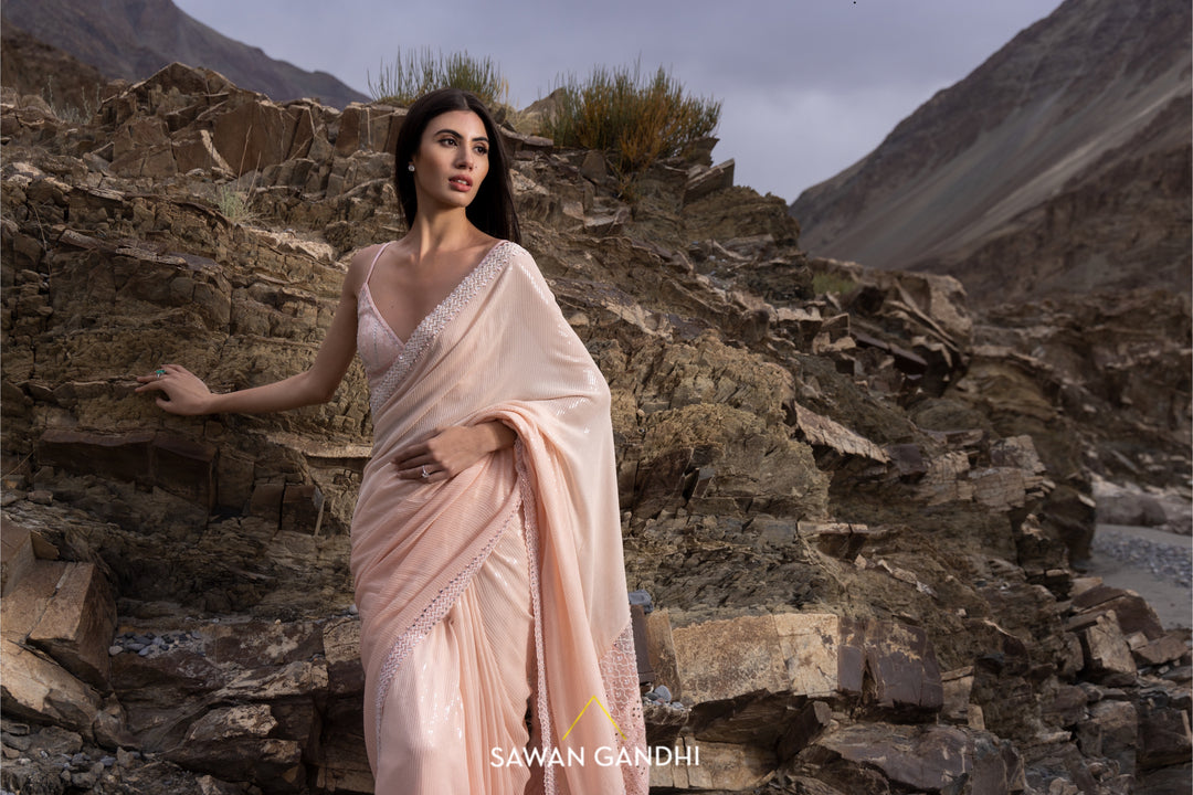 Peach paani sequins chikankari saree