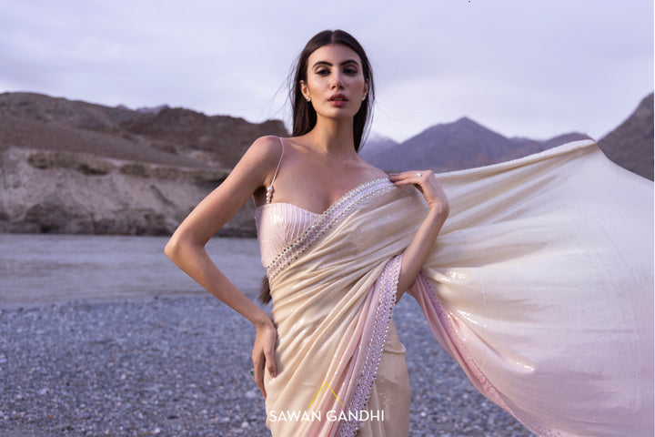 Nude to pink paani sequins ombre saree