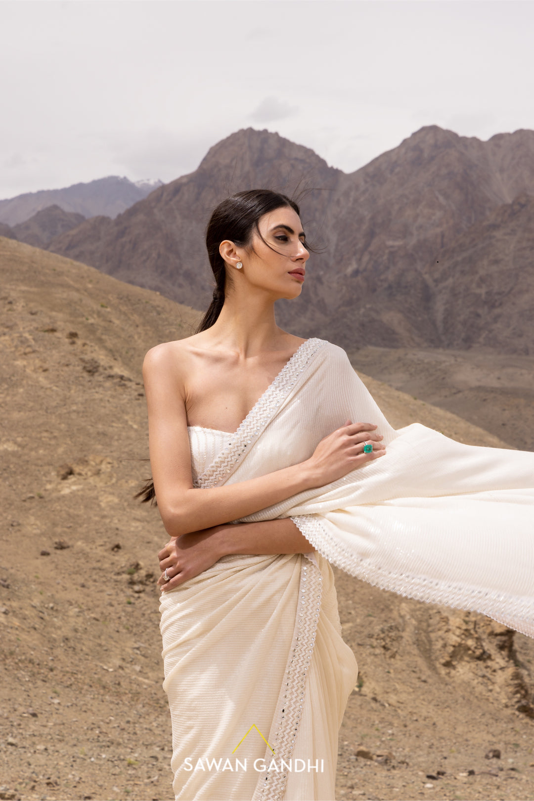 Ivory paani sequins chikankari saree