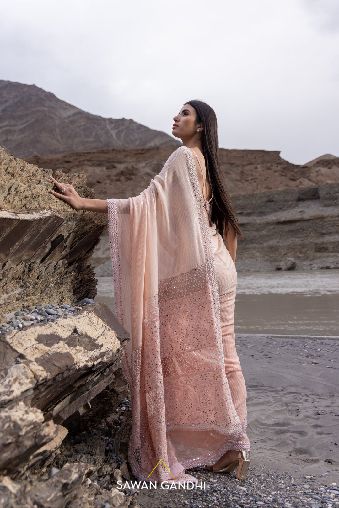 Peach paani sequins chikankari saree