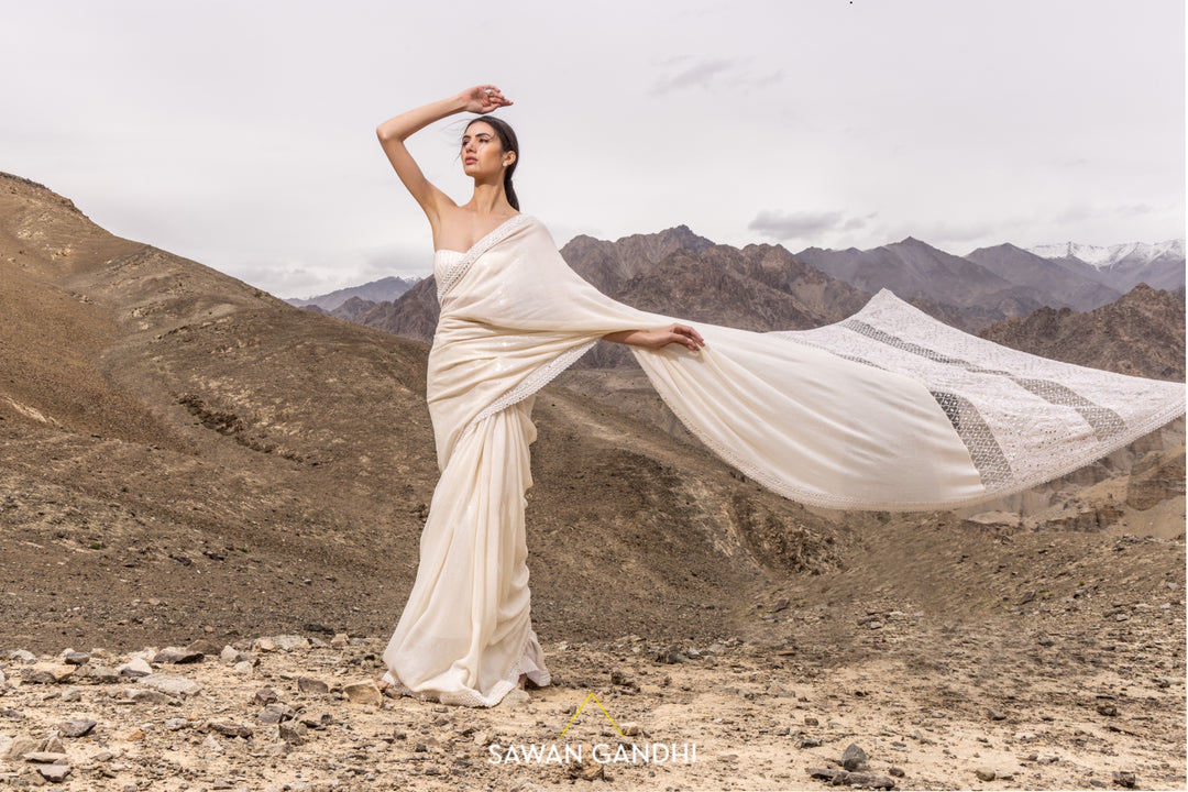 Ivory paani sequins chikankari saree