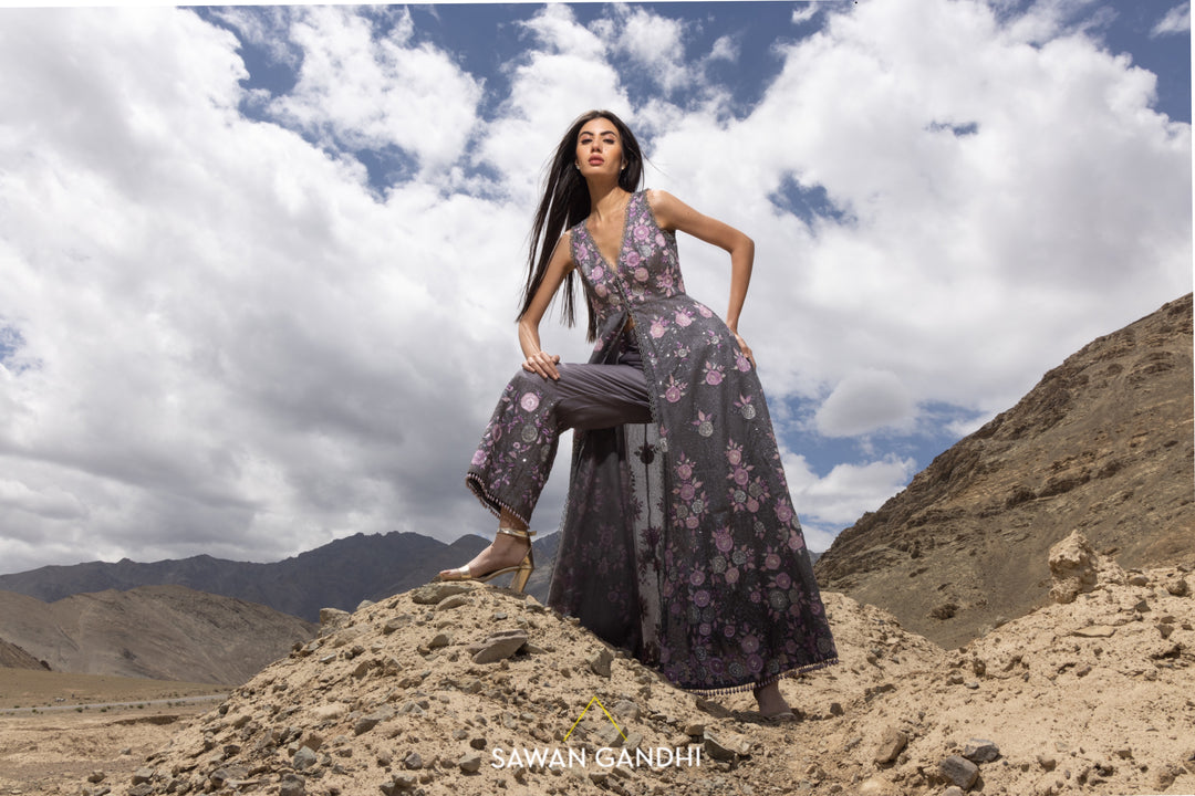 Grey appliques sequins cape