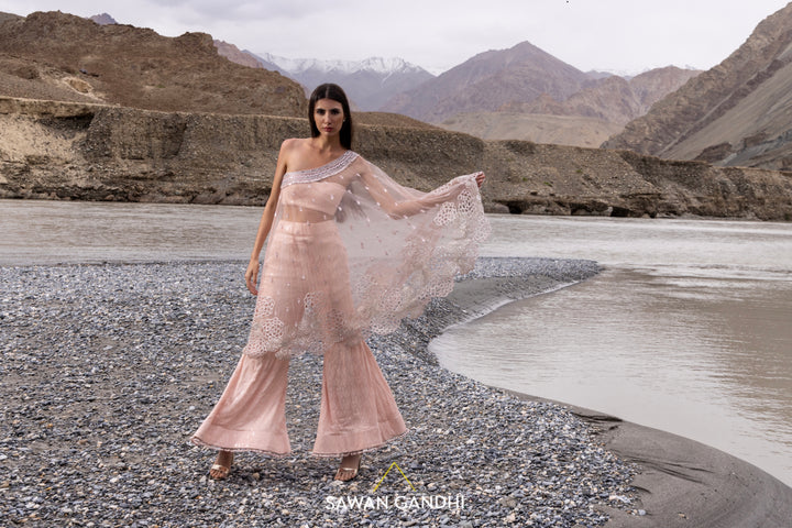 Blush pink one shoulder cape set