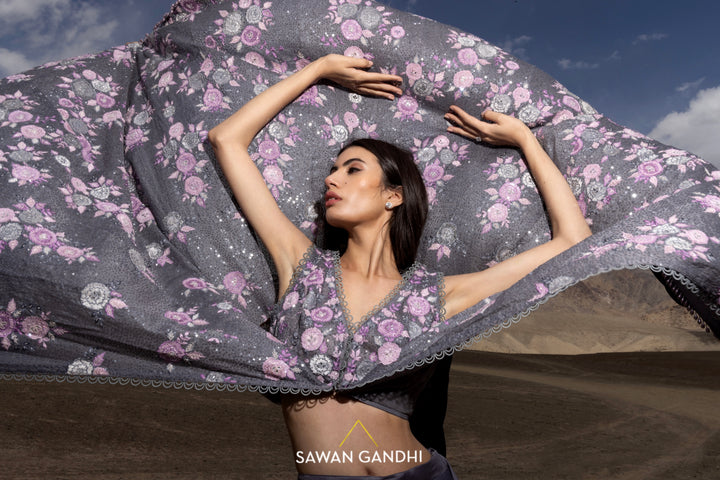 Grey appliques sequins cape