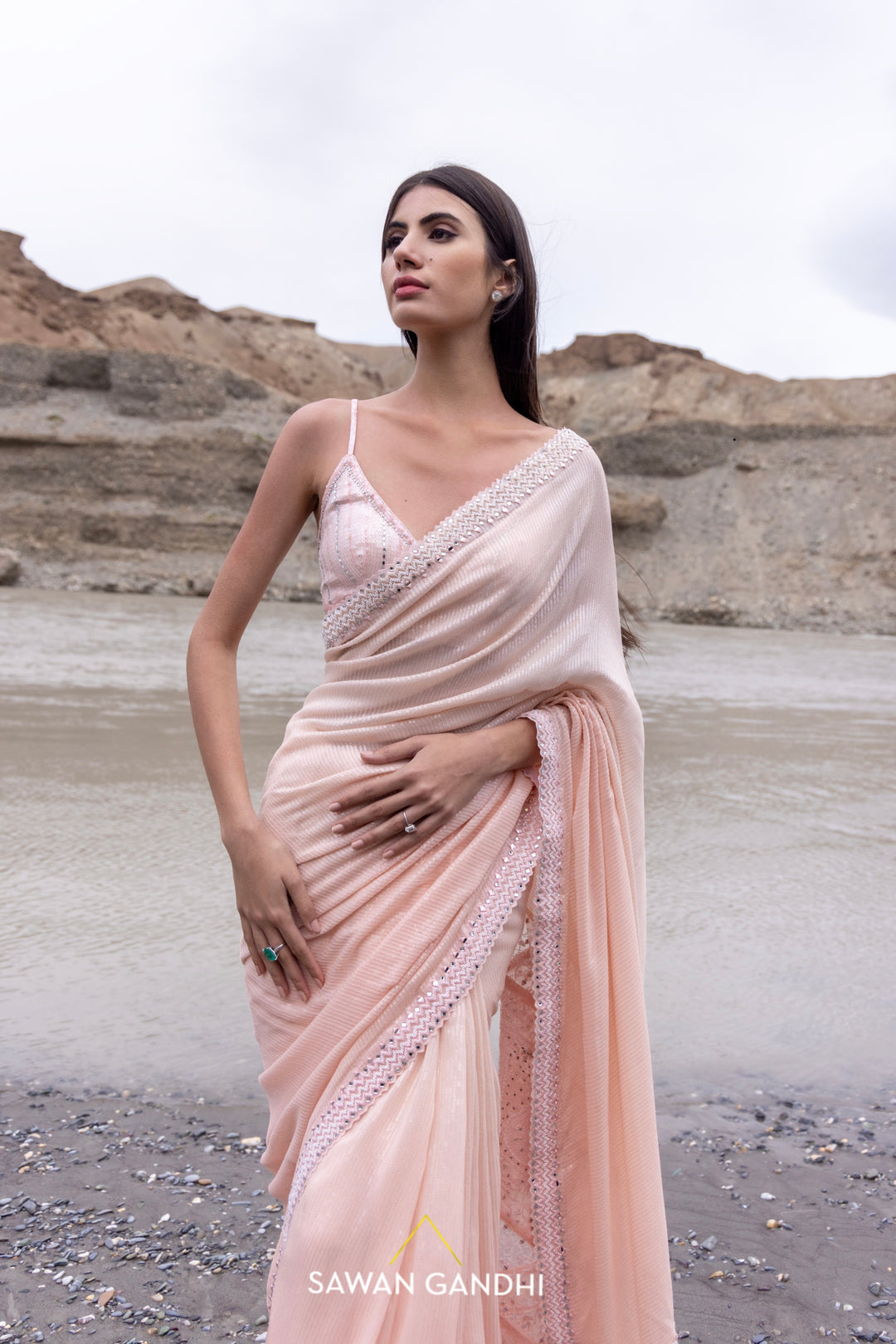 Peach paani sequins chikankari saree