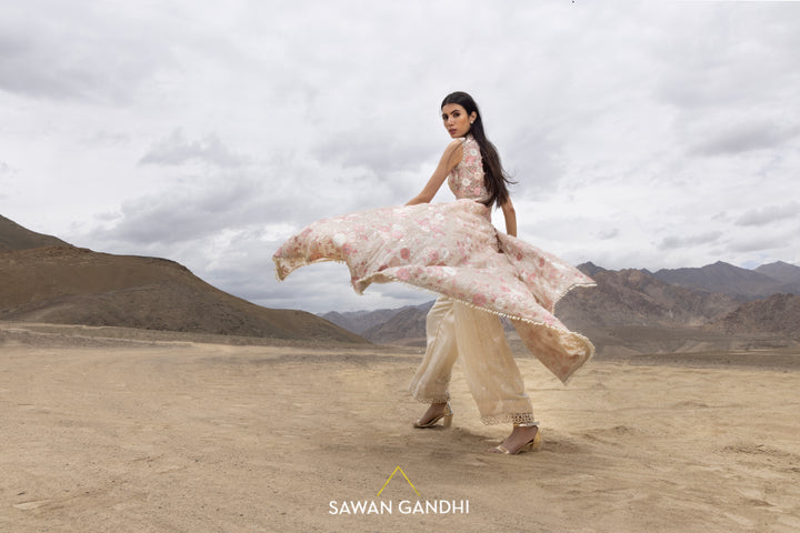 Beige floral appliqué cape set