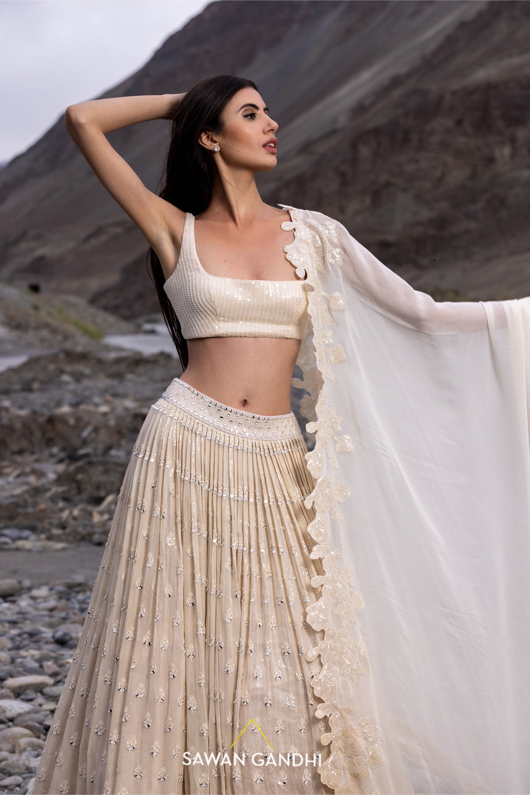 Beige paani sequins mirror booti lehenga