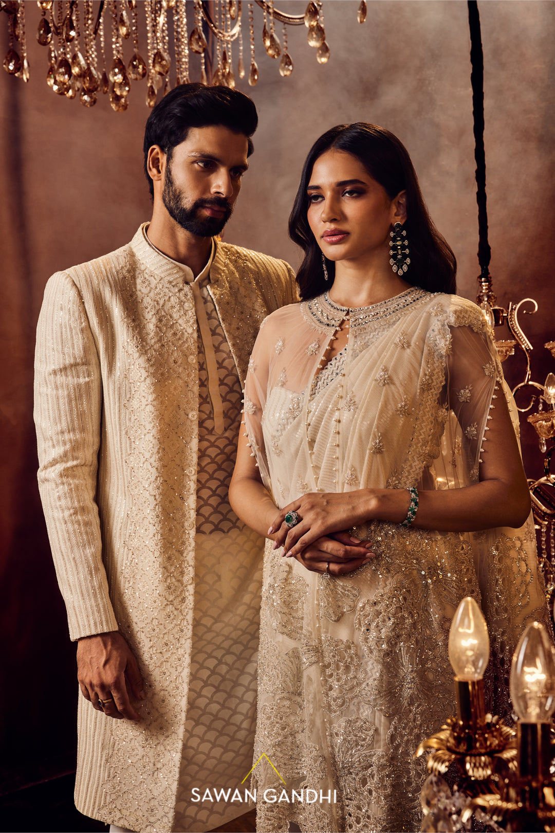 Ivory sequins chikankari saree with coral cape