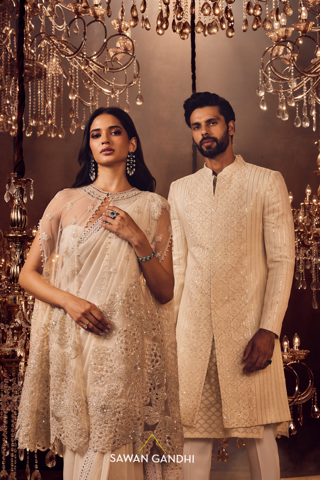 Ivory sequins chikankari saree with coral cape