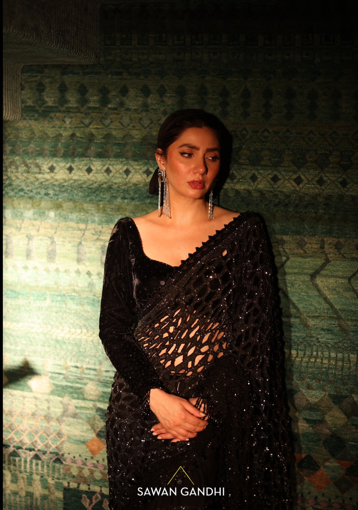 Mahira Khan in Black ombre cutwork saree
