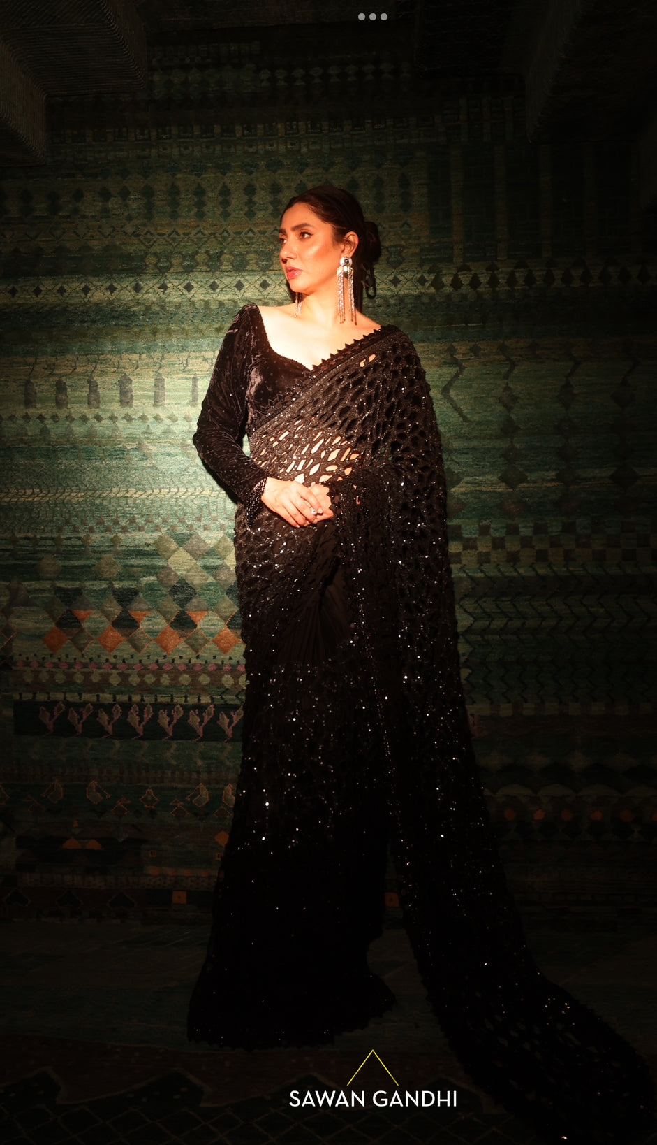 Mahira Khan in Black ombre cutwork saree