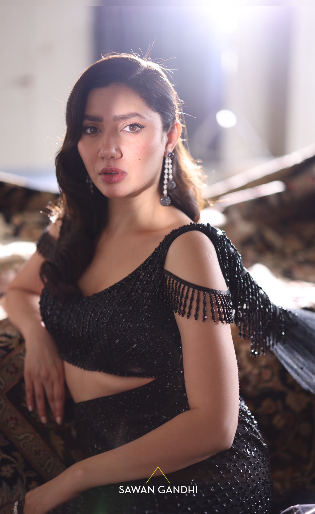 Mahira Khan in Black crystal work fish cut drape skirt set