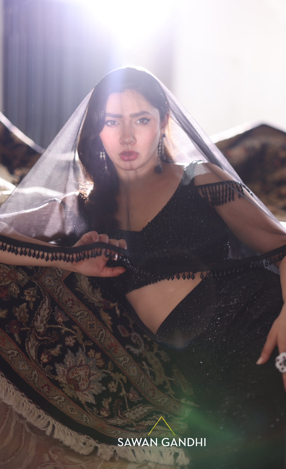 Mahira Khan in Black crystal work fish cut drape skirt set