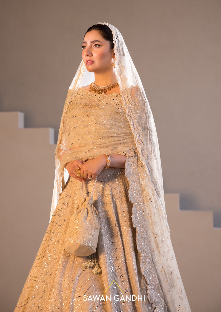 Mahira Khan in Gold beige beadwork lehenga