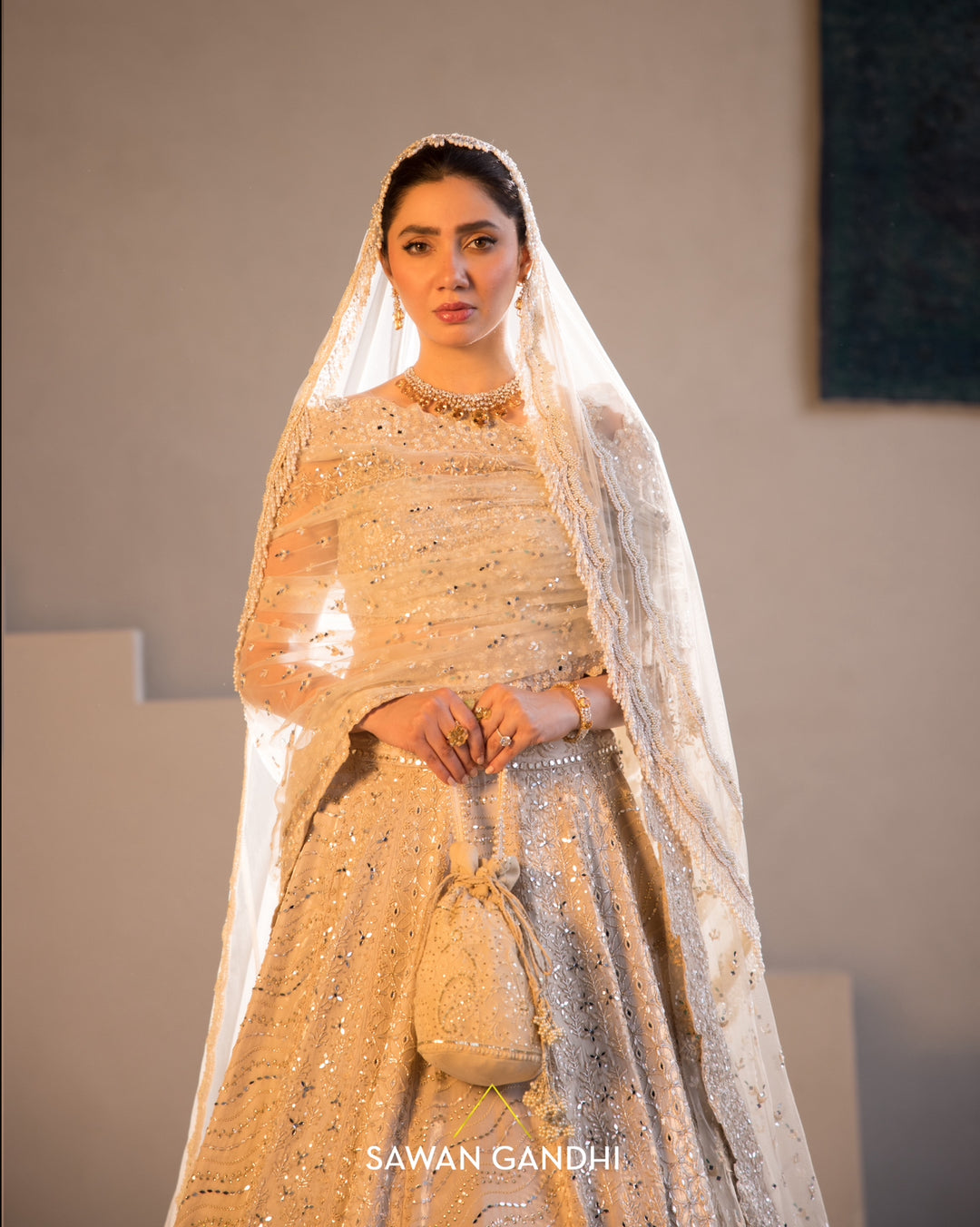 Mahira Khan in Gold beige beadwork lehenga