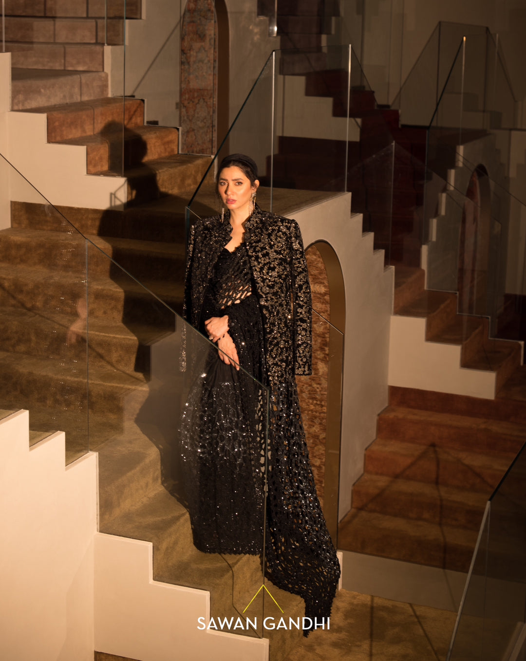 Mahira Khan in Black ombre cutwork saree