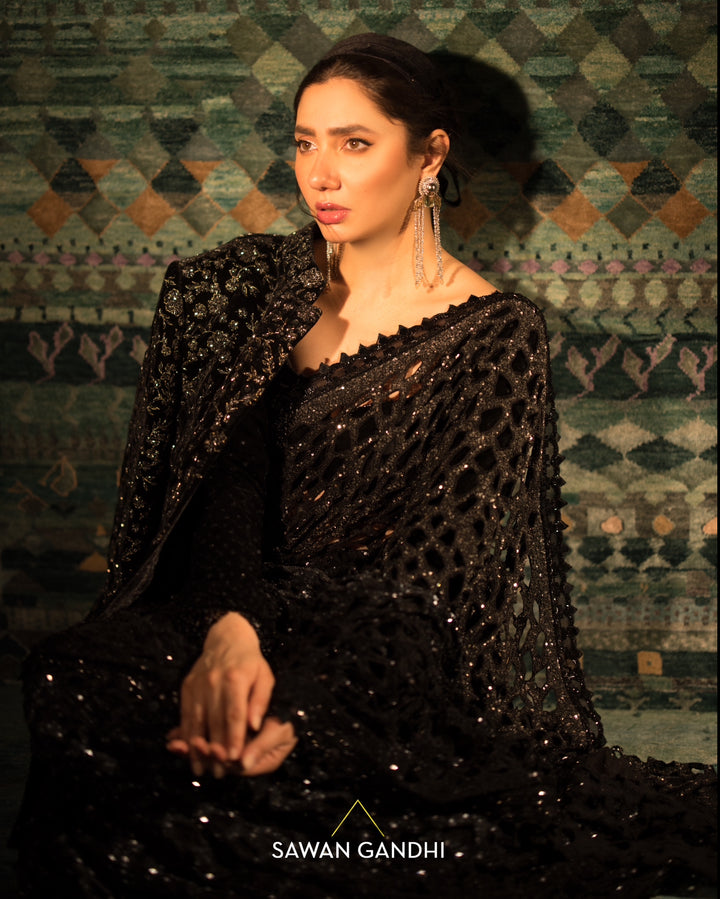 Mahira Khan in Black ombre cutwork saree
