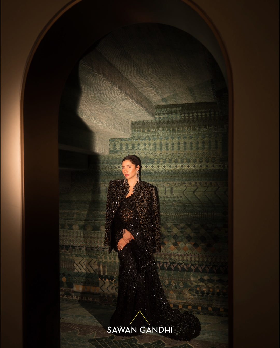 Mahira Khan in Black ombre cutwork saree