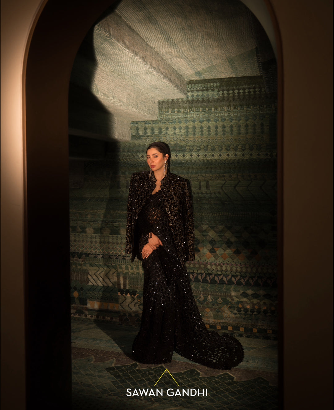 Mahira Khan in Black ombre cutwork saree