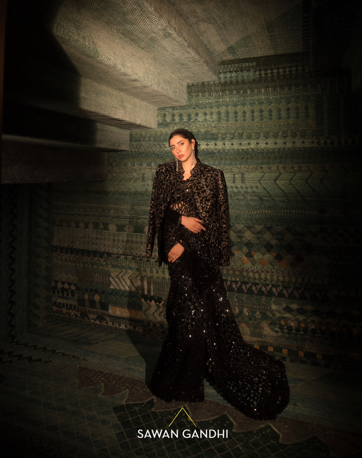 Mahira Khan in Black ombre cutwork saree