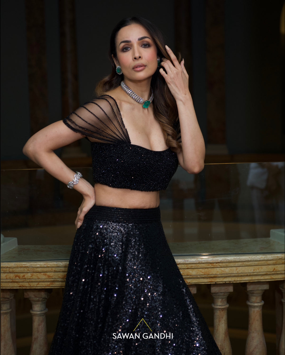 Malaika arora in Black sequins lehnga with crystal blouse