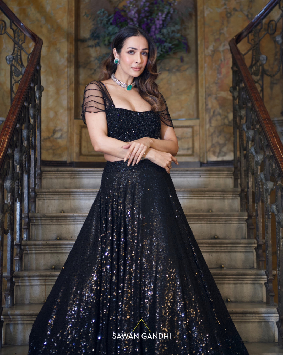 Malaika arora in Black sequins lehnga with crystal blouse