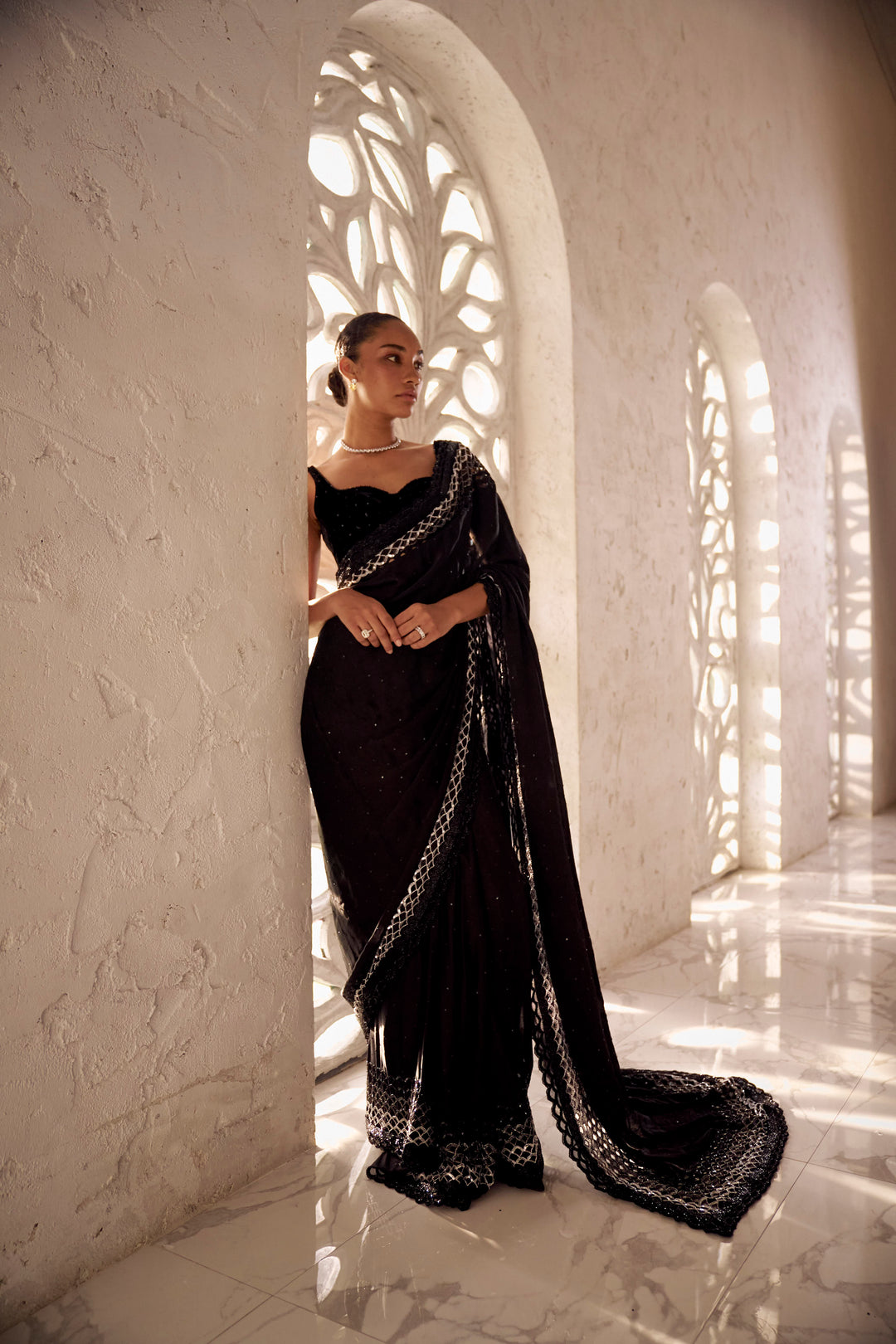 Satin black cutwork saree