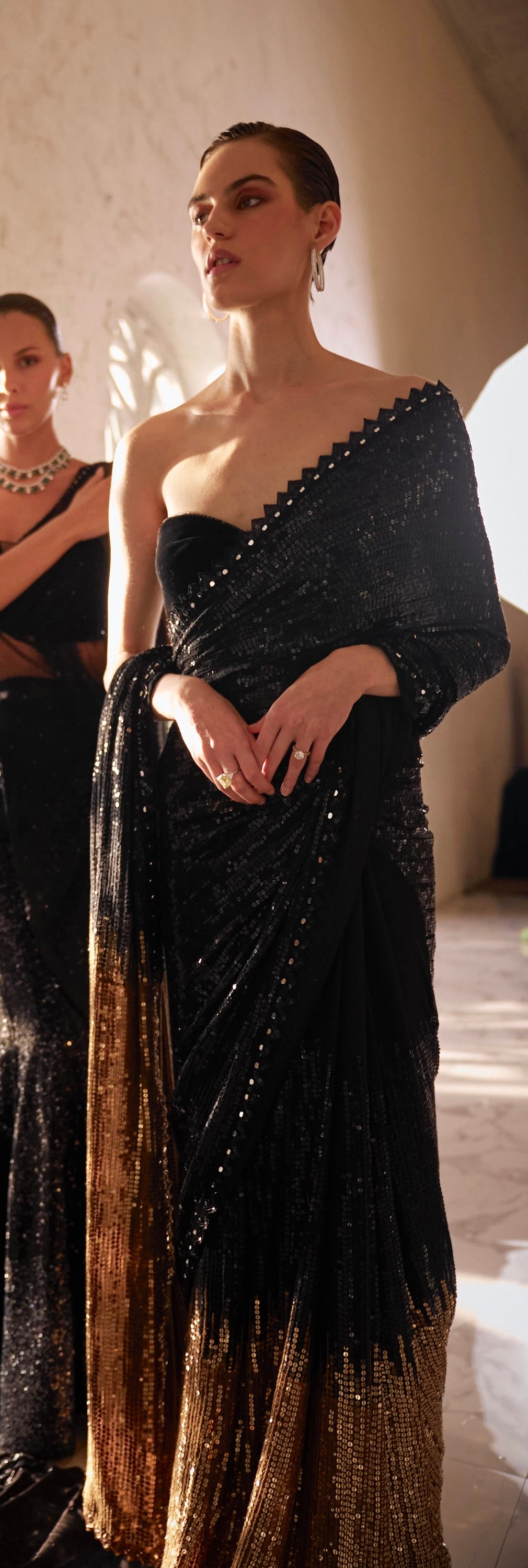 Black to gold sequins saree