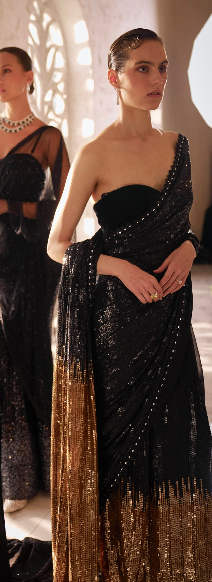 Black to gold sequins saree