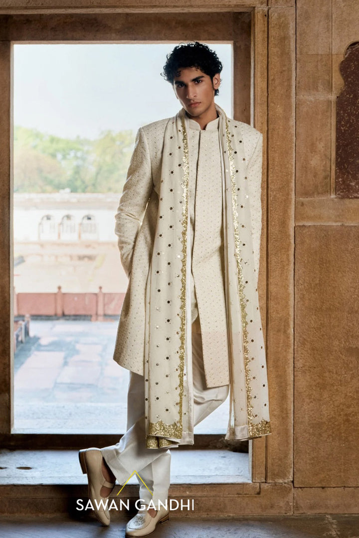 Ivory patti jaal sherwani set