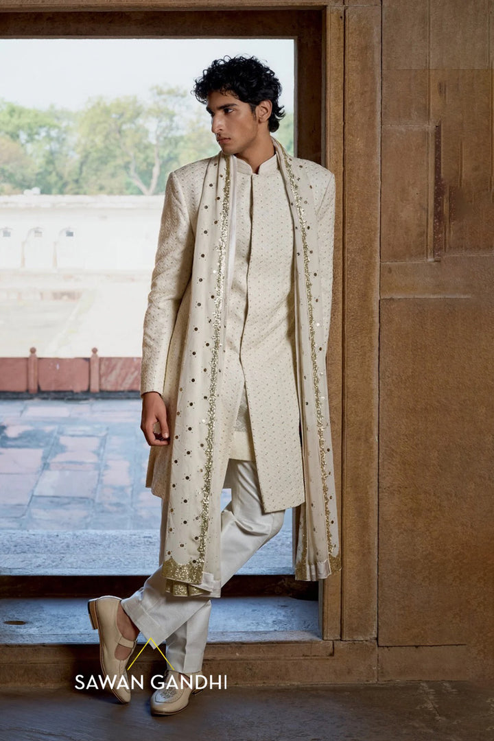 Ivory patti jaal sherwani set