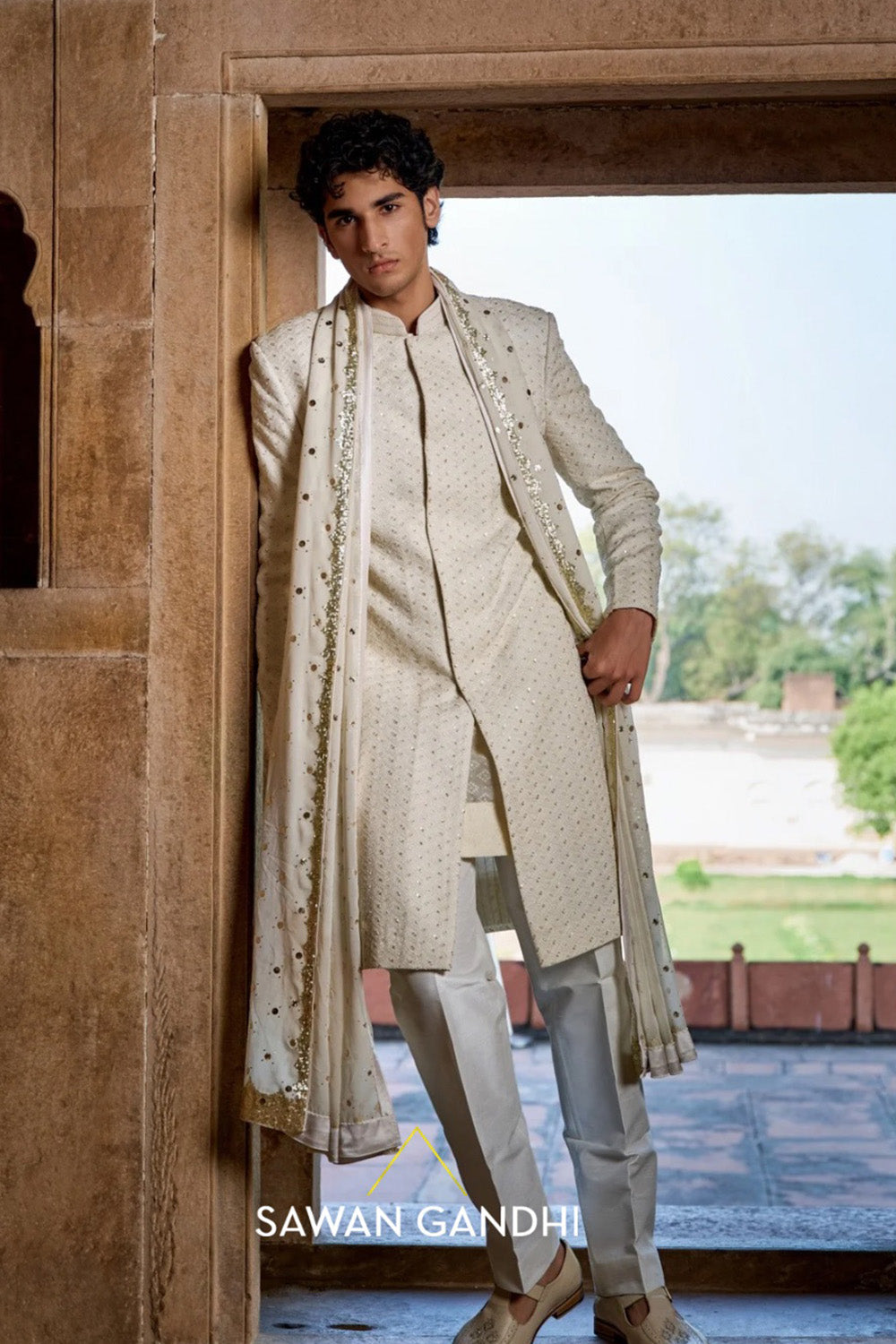 Ivory patti jaal sherwani set