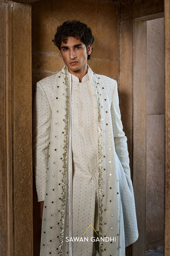Ivory patti jaal sherwani set