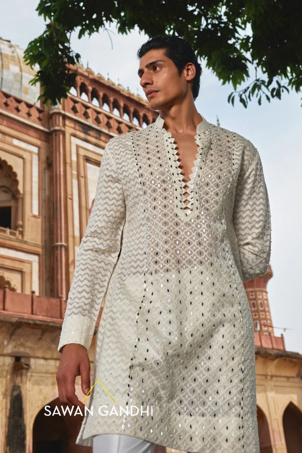 Ivory self detailing kurta set