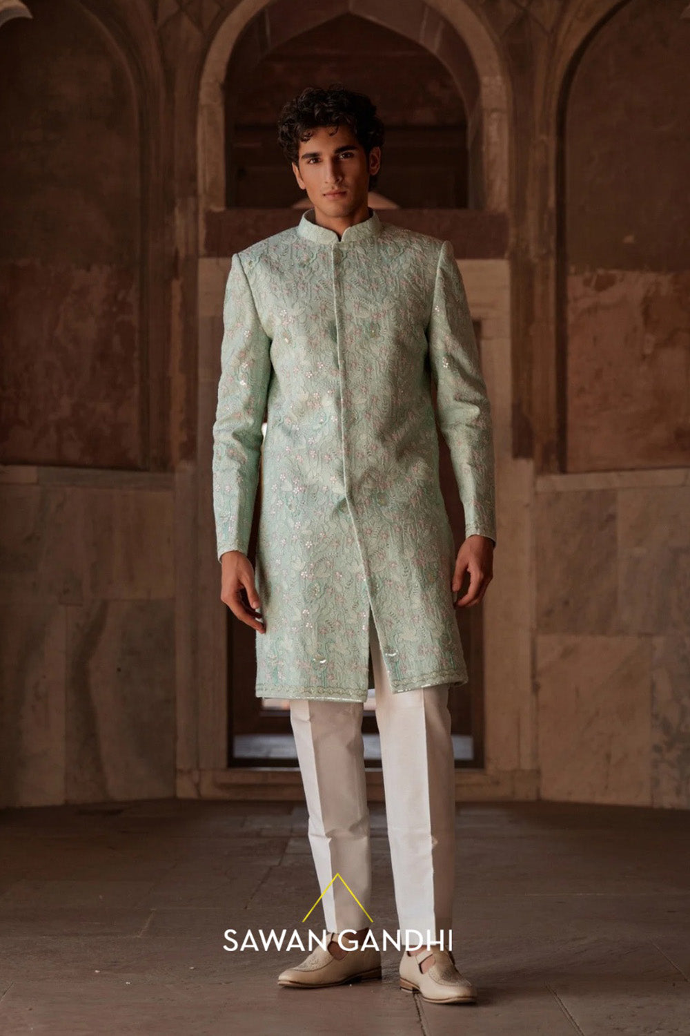Sea green threadwork sherwani set